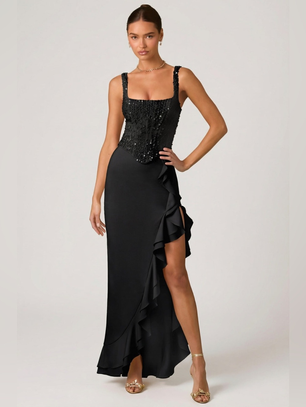 Oh Polly Black Sequined Corset Maxi Dress with Ruffle Side Slit